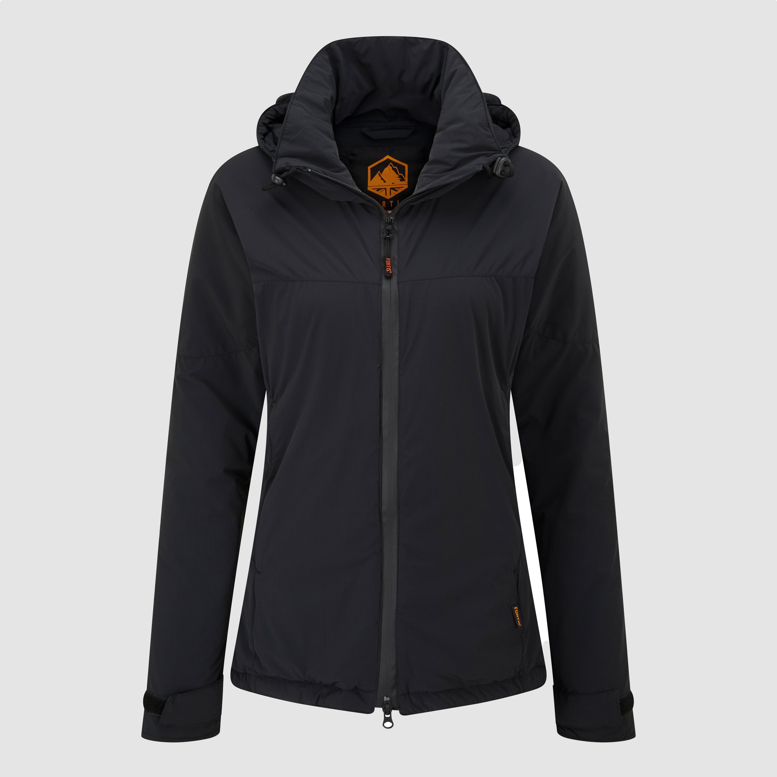 Black jacket with a brand logo on a light gray background